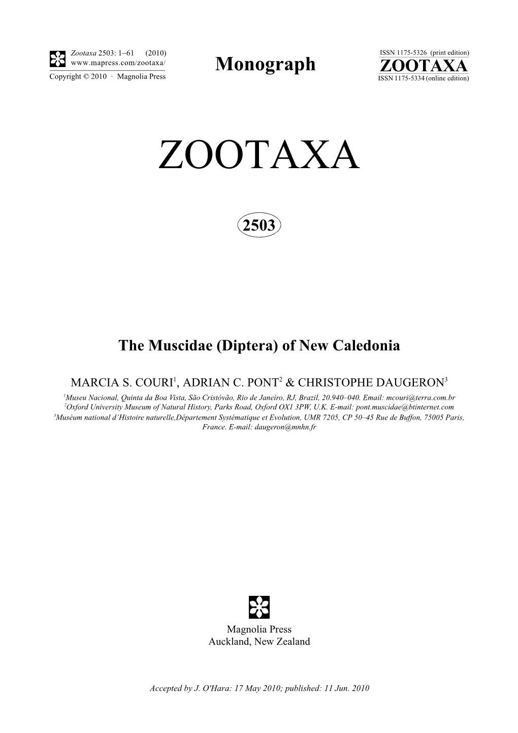 Zootaxa, the Muscidae (Diptera)