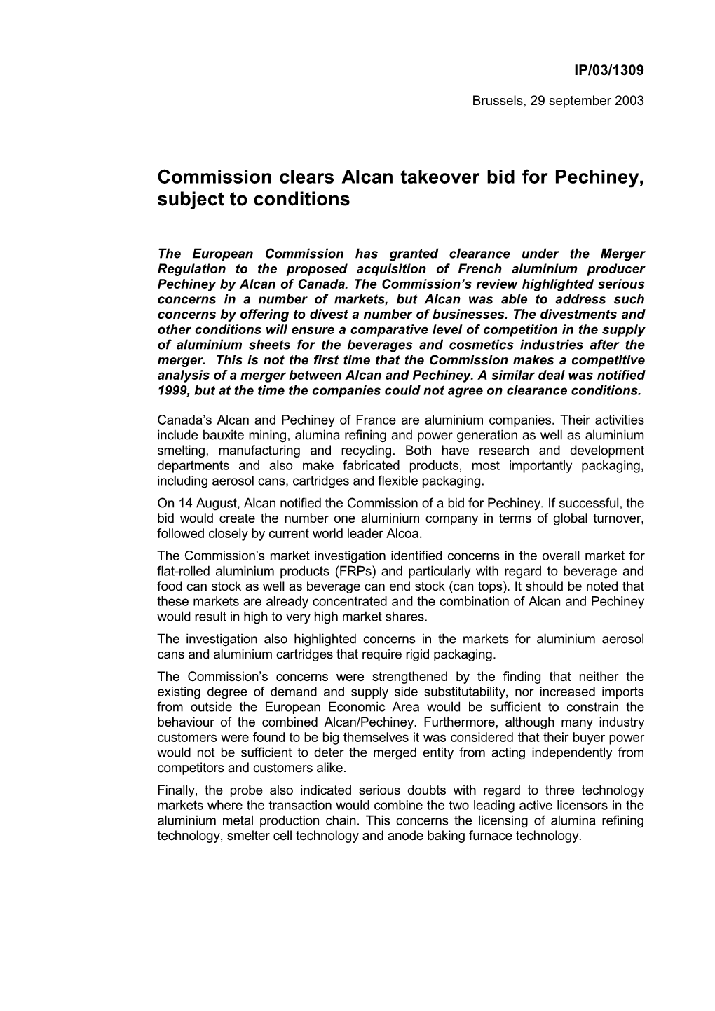 Commission Clears Alcan Takeover Bid for Pechiney, Subject to Conditions