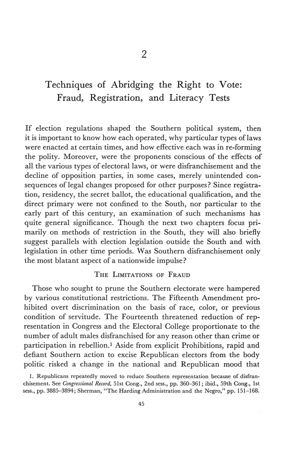 Techniques of Abridging the Right to Vote: Fraud, Registration, and Literacy Tests