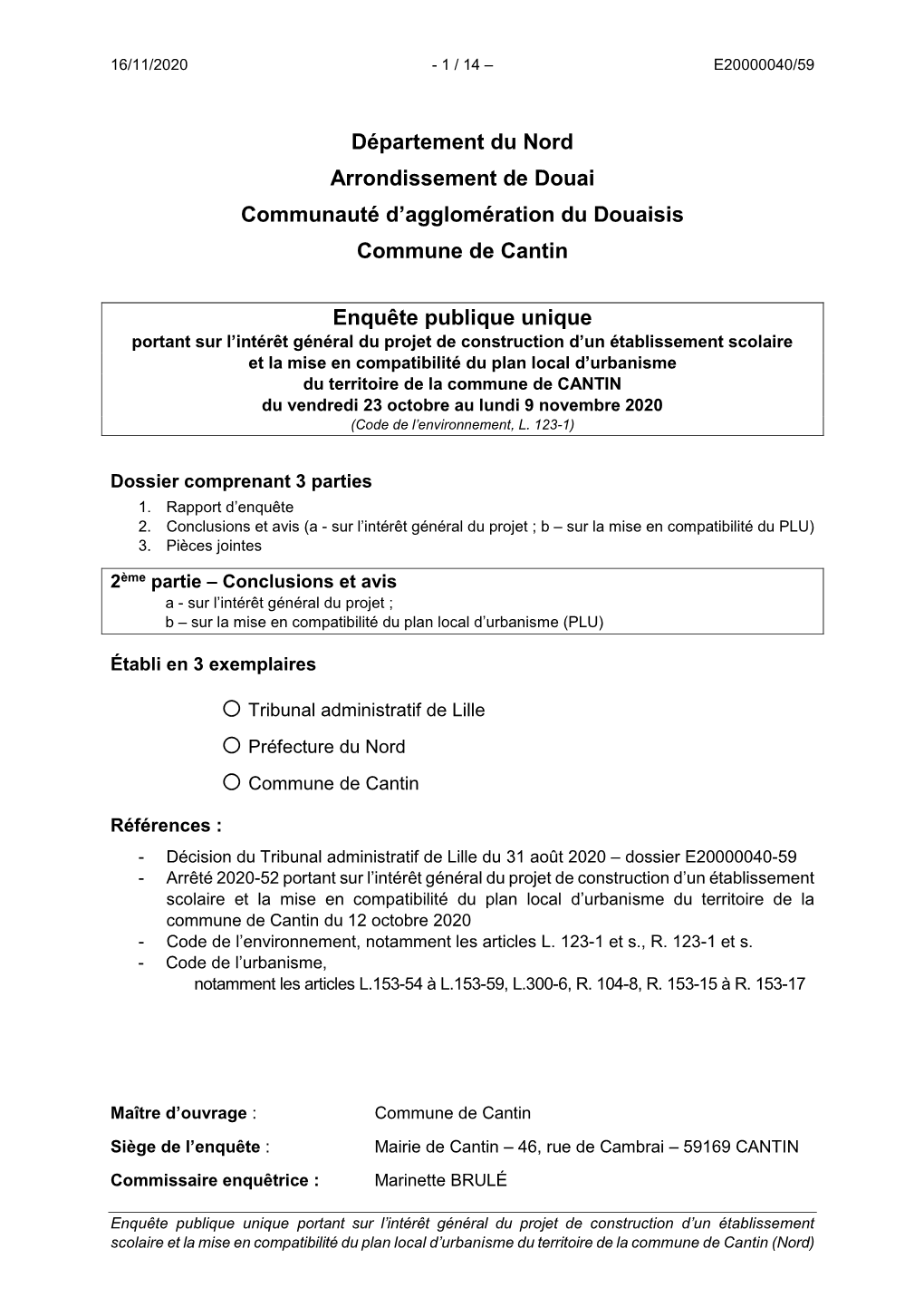 Département Du Nord Arrondissement De Douai Communauté D'agglomération Du Douaisis Commune De Cantin Enquête Publique Uniq
