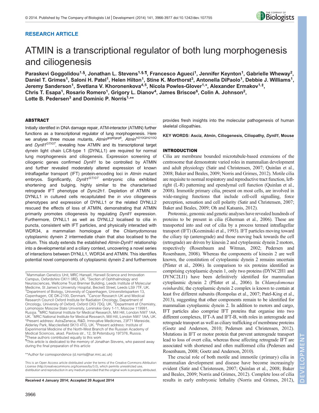 ATMIN Is a Transcriptional Regulator of Both Lung Morphogenesis and Ciliogenesis Paraskevi Goggolidou1,§, Jonathan L