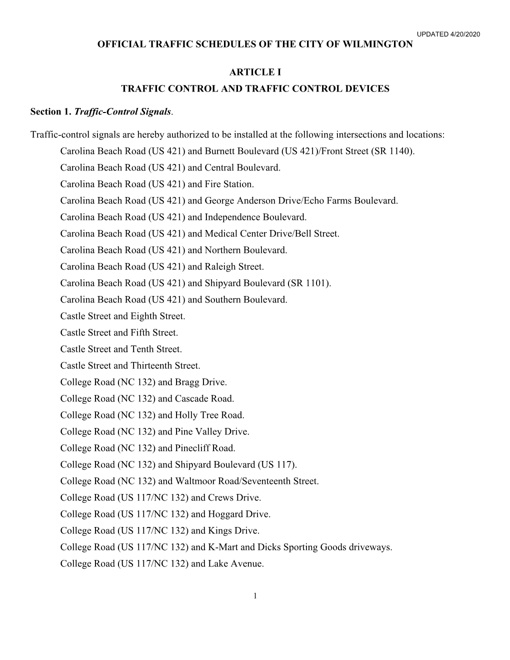 Official Traffic Schedules of the City of Wilmington