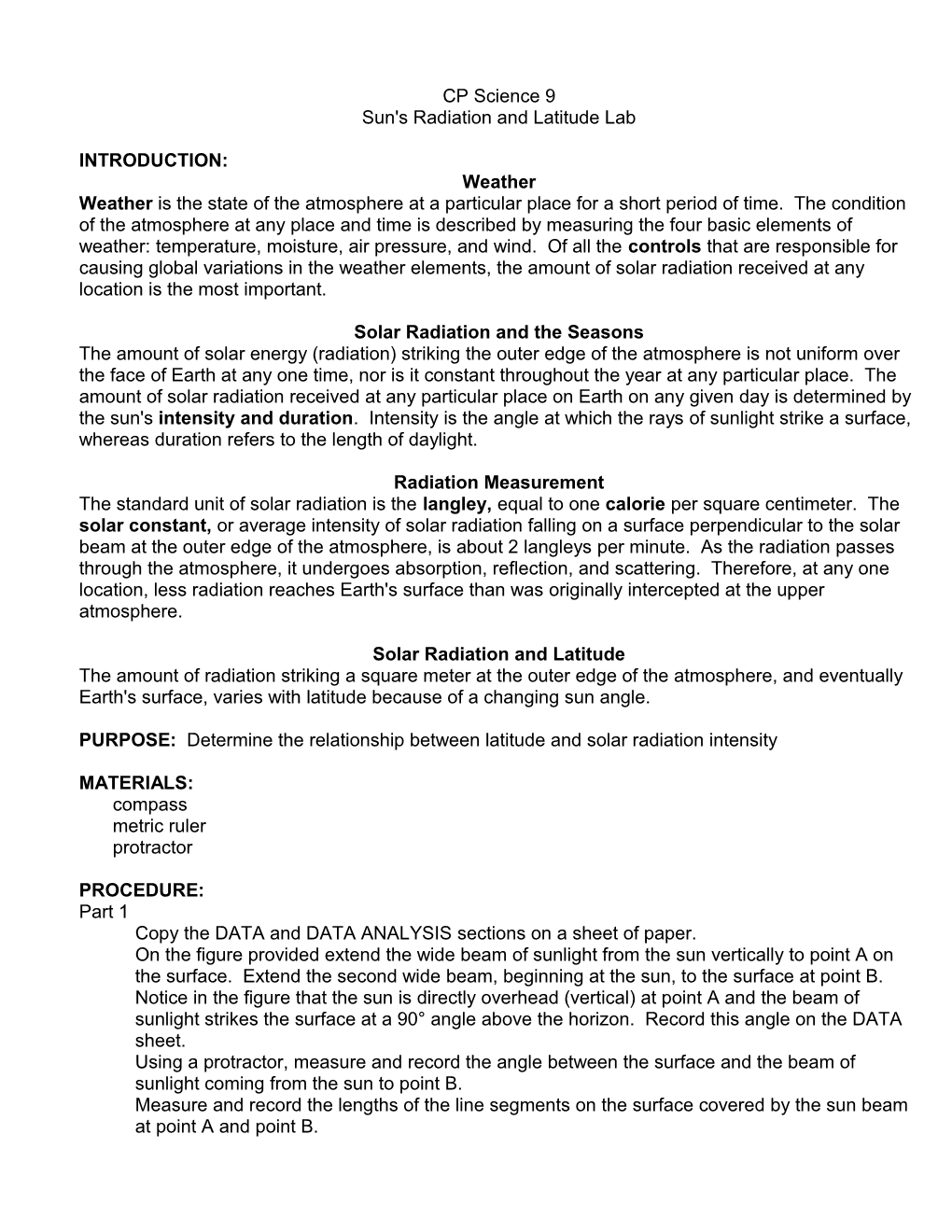 Sun's Radiation and Latitude Lab