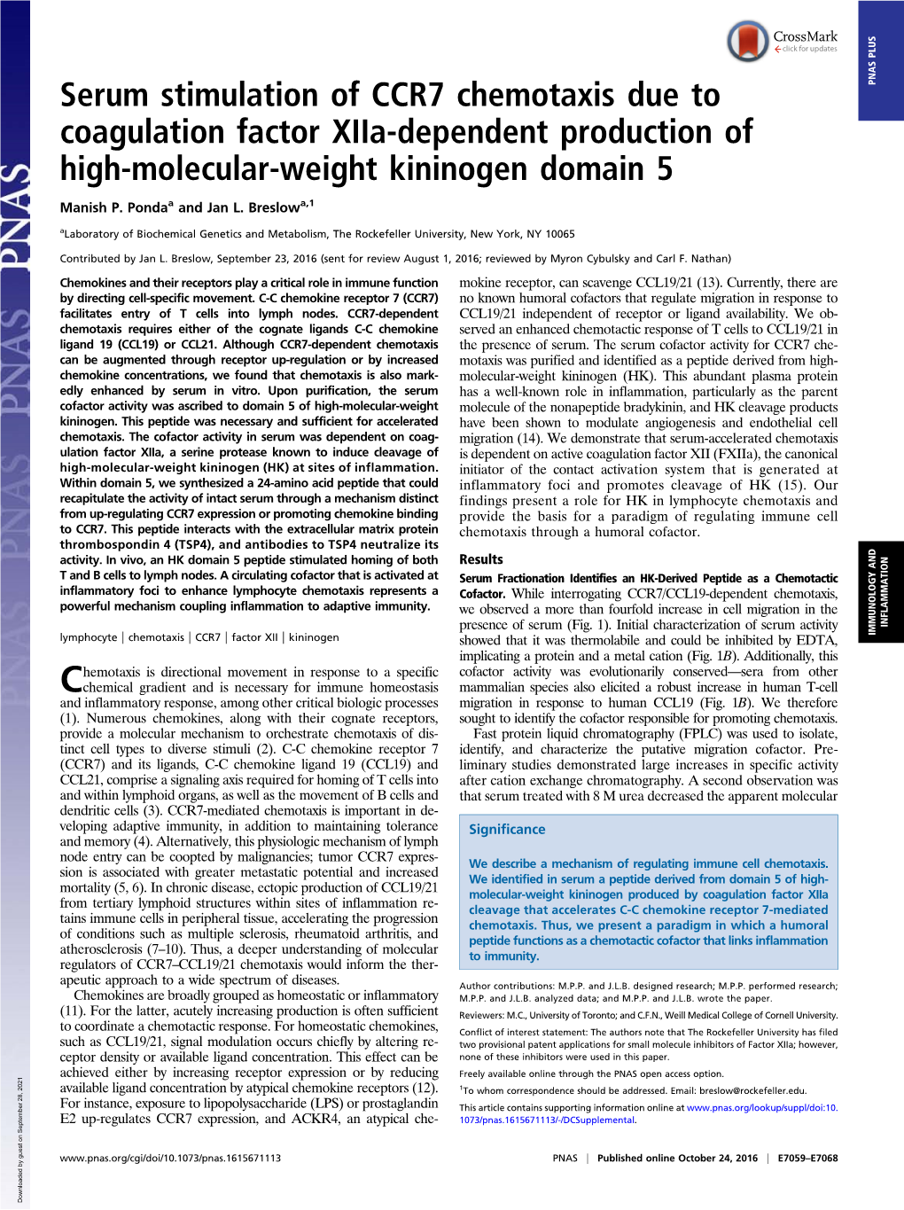 Serum Stimulation of CCR7 Chemotaxis Due to Coagulation