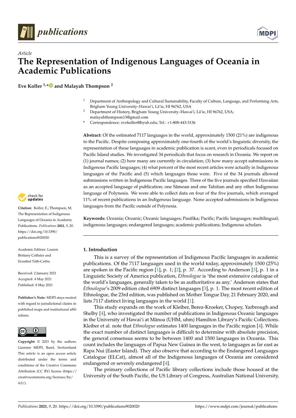 The Representation of Indigenous Languages of Oceania in Academic Publications