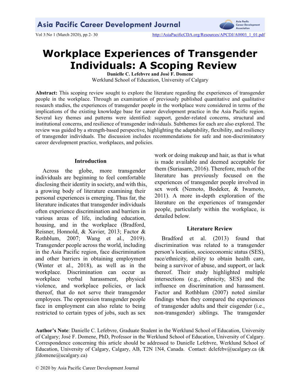 Workplace Experiences of Transgender Individuals: a Scoping Review Danielle C
