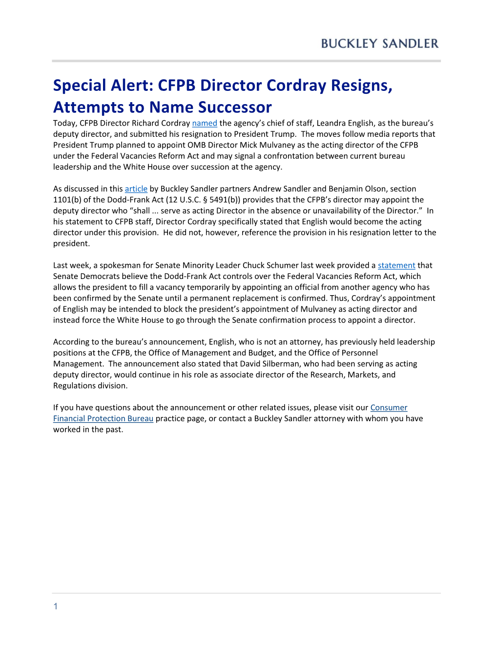 Special Alert: CFPB Director Cordray Resigns, Attempts to Name Successor
