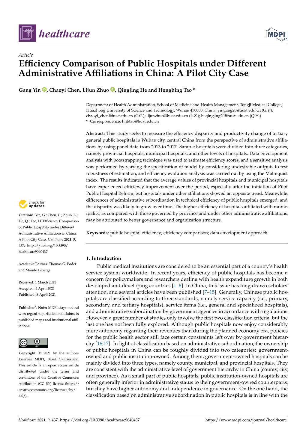 Efficiency Comparison of Public Hospitals Under Different Administrative Affiliations in China: a Pilot City Case