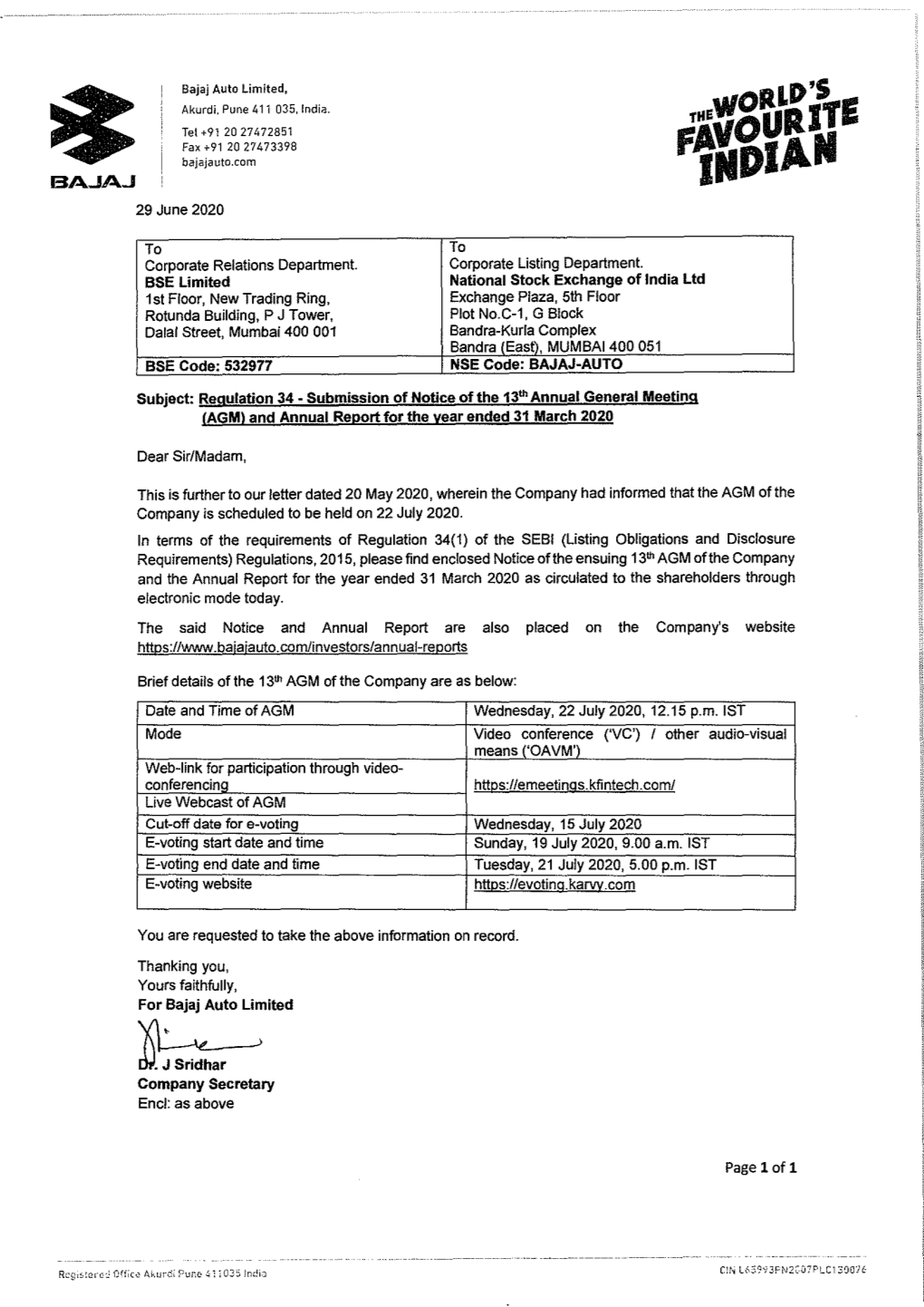 29 June 2020 to Corporate Relations Department. BSE Limited 1St Floor, New Trading Ring, Rotunda Building, P J Tower, Dalal Stre