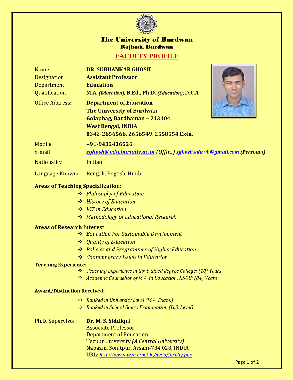 The University of Burdwan FACULTY PROFILE