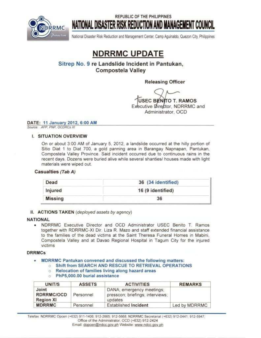 NDRRMC Update Sitrep 09 Landslide in Pantukan COMVAL 11 JAN 2012