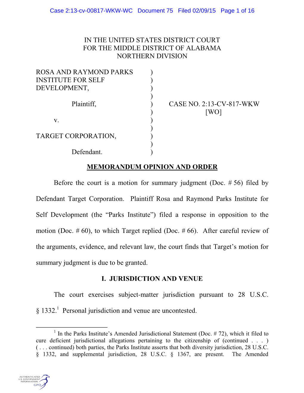 Case 2:13-Cv-00817-WKW-WC Document 75 Filed 02/09/15 Page 1 of 16