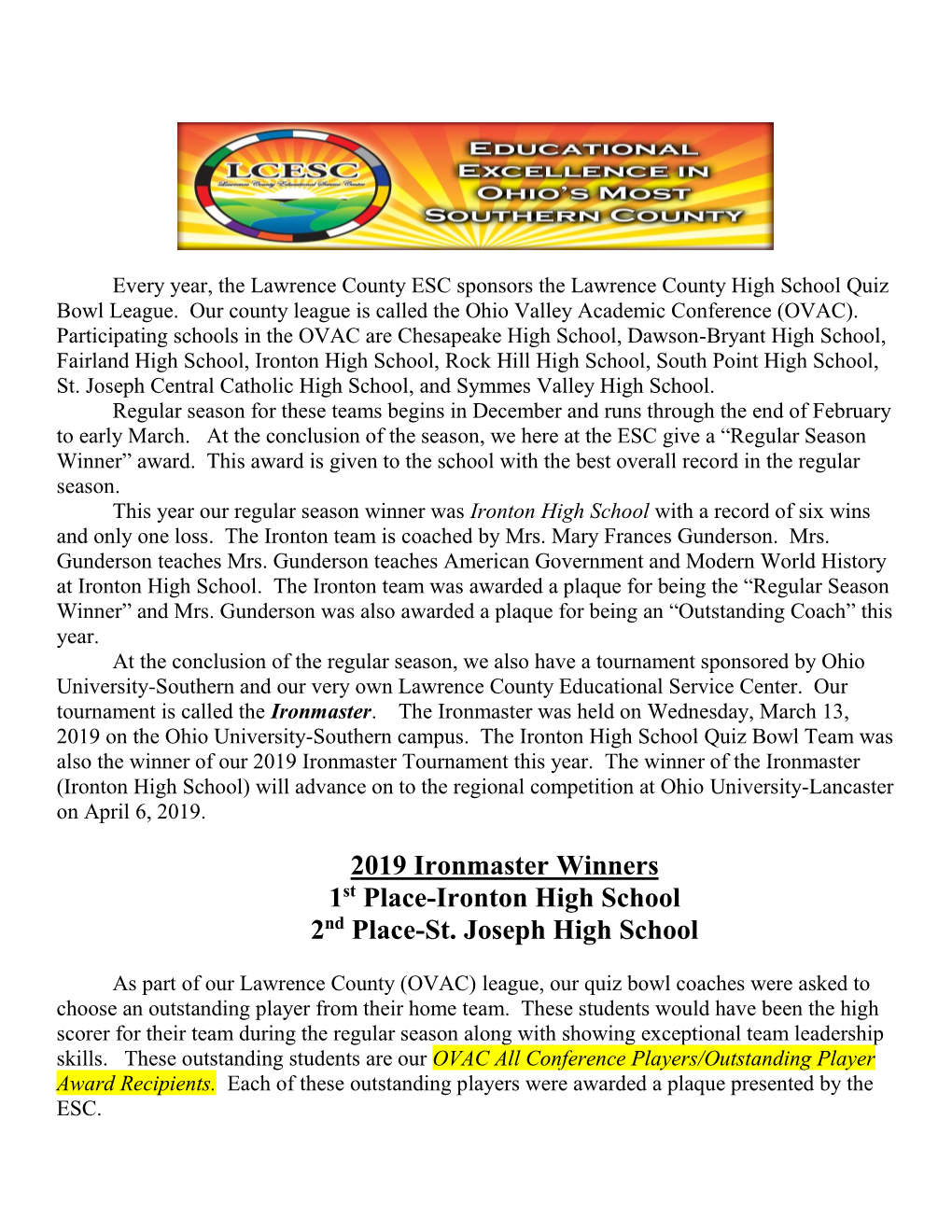 2019 Ironmaster Winners 1St Place-Ironton High School 2Nd Place-St