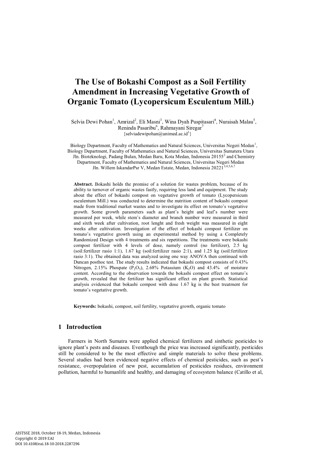 The Use of Bokashi Compost As a Soil Fertility Amendment in Increasing Vegetative Growth of Organic Tomato (Lycopersicum Esculentum Mill.)