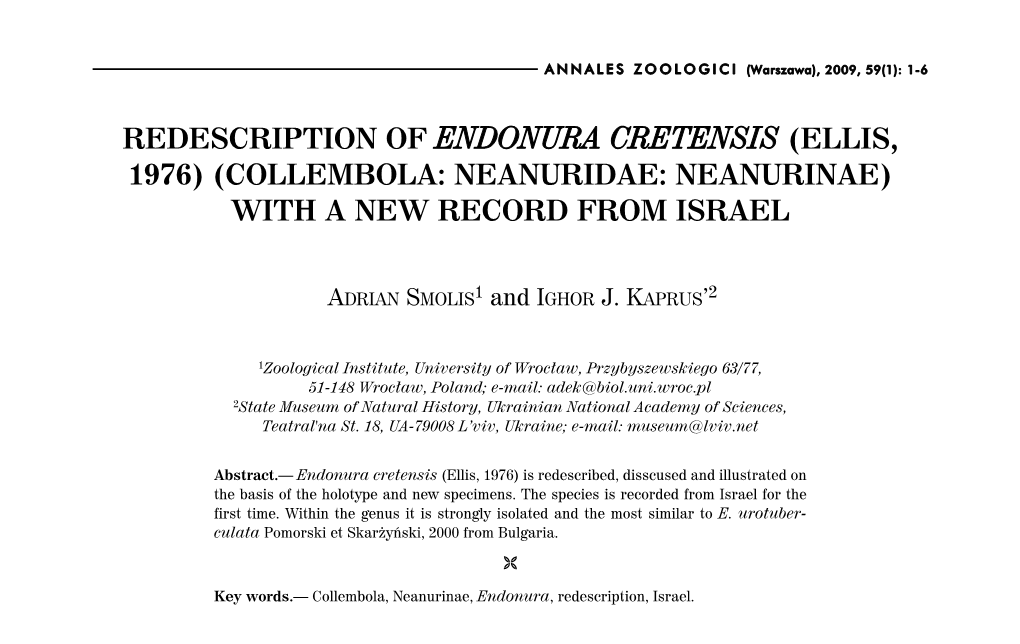 Redescription of Endonura Cretensis (Ellis, 1976) (Collembola: Neanuridae: Neanurinae) with a New Record from Israel