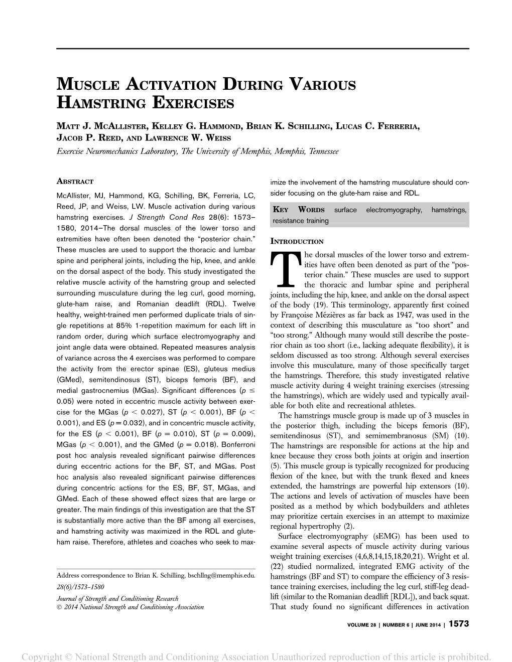 Muscle Activation During Various Hamstring Exercises