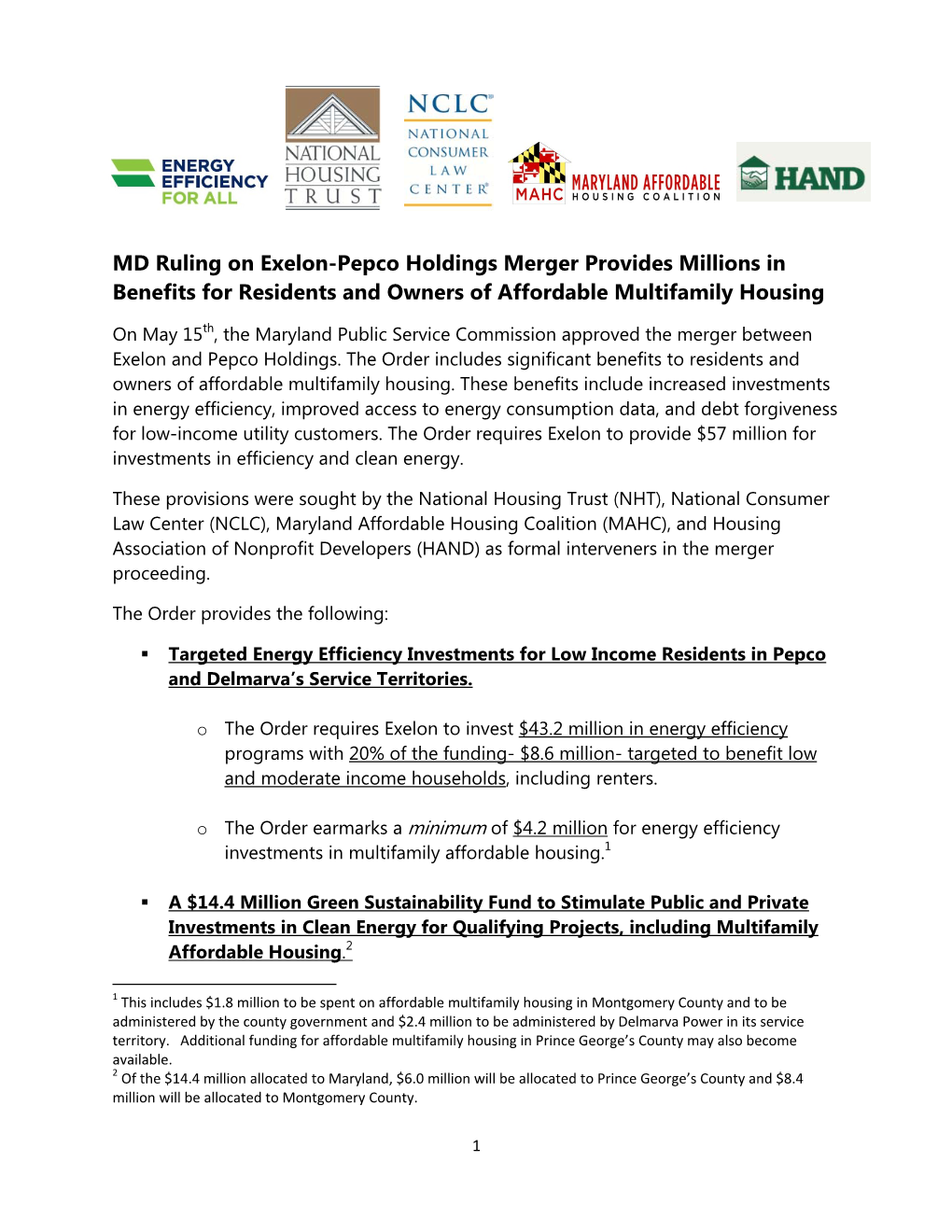 MD Ruling on Exelon-Pepco Holdings Merger Provides Millions in Benefits for Residents and Owners of Affordable Multifamily Housing