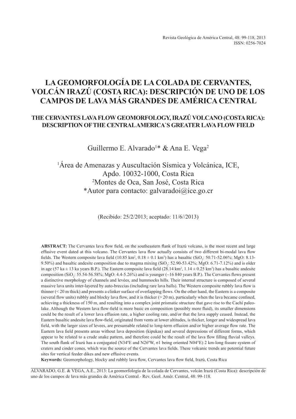 La Geomorfología De La Colada De Cervantes, Volcán Irazú (Costa Rica): Descripción De Uno De Los Campos De Lava Más Grandes De América Central