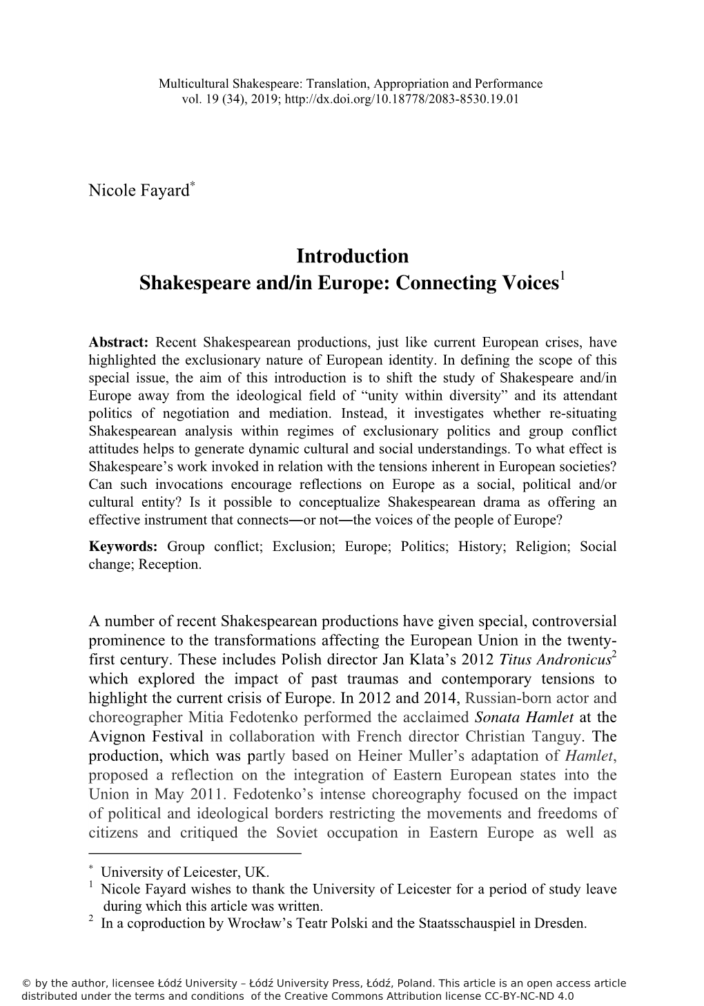 Shakespeare And/In Europe: Connecting Voices1