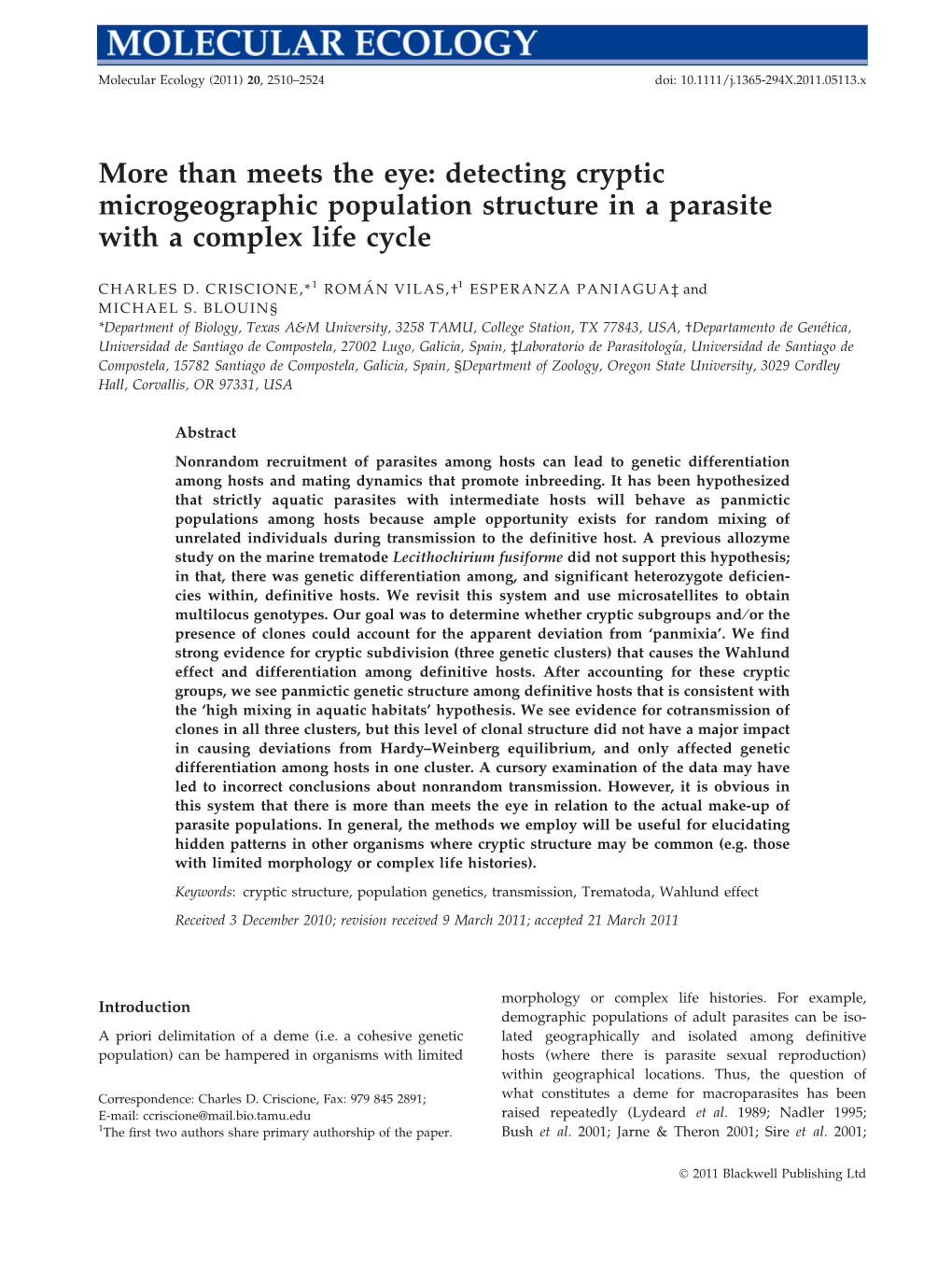 Molecular Ecology (2011) 20, 2510–2524 Doi: 10.1111/J.1365-294X.2011.05113.X