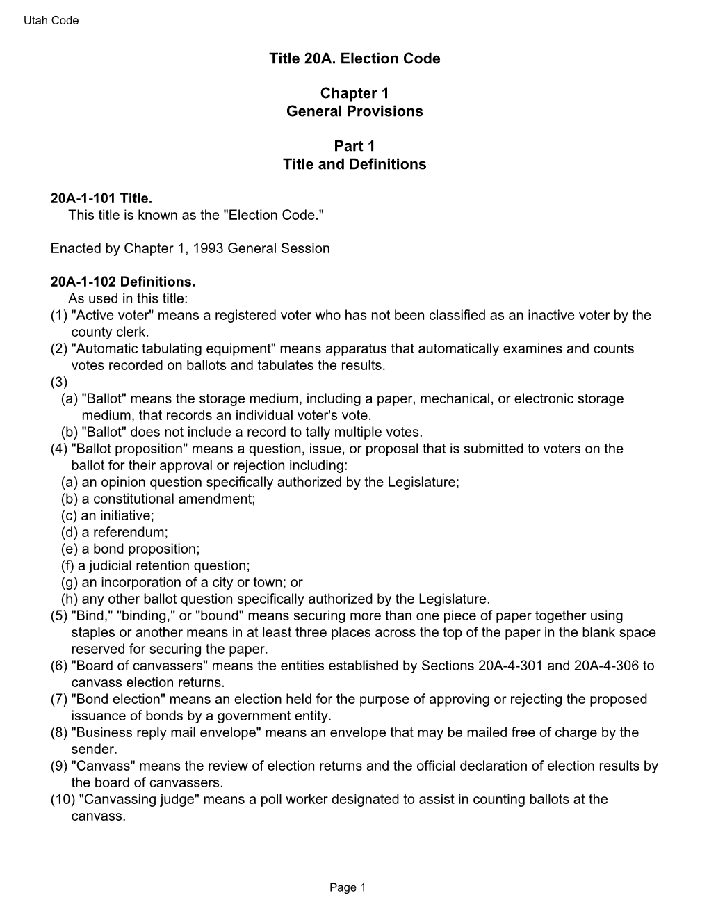 Title 20A. Election Code Chapter 1 General Provisions Part 1 Title And