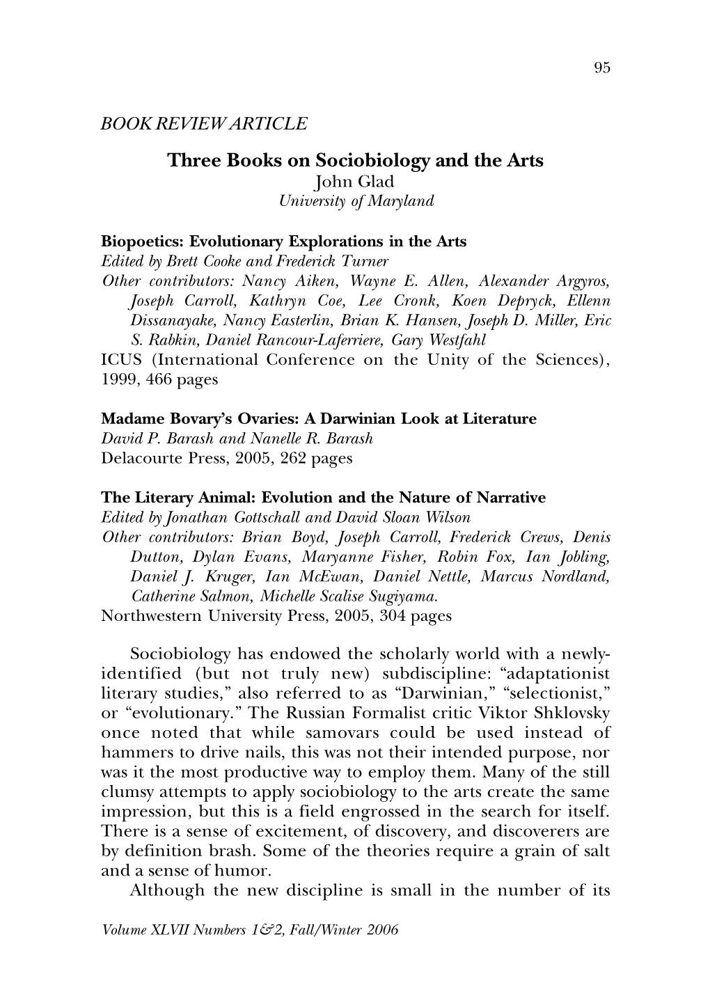 Glad, John. 2006. Three Books on Sociobiology and the Arts