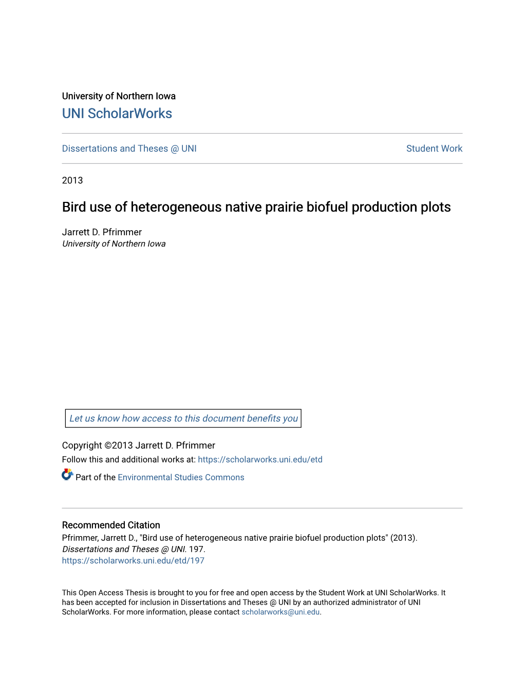 Bird Use of Heterogeneous Native Prairie Biofuel Production Plots