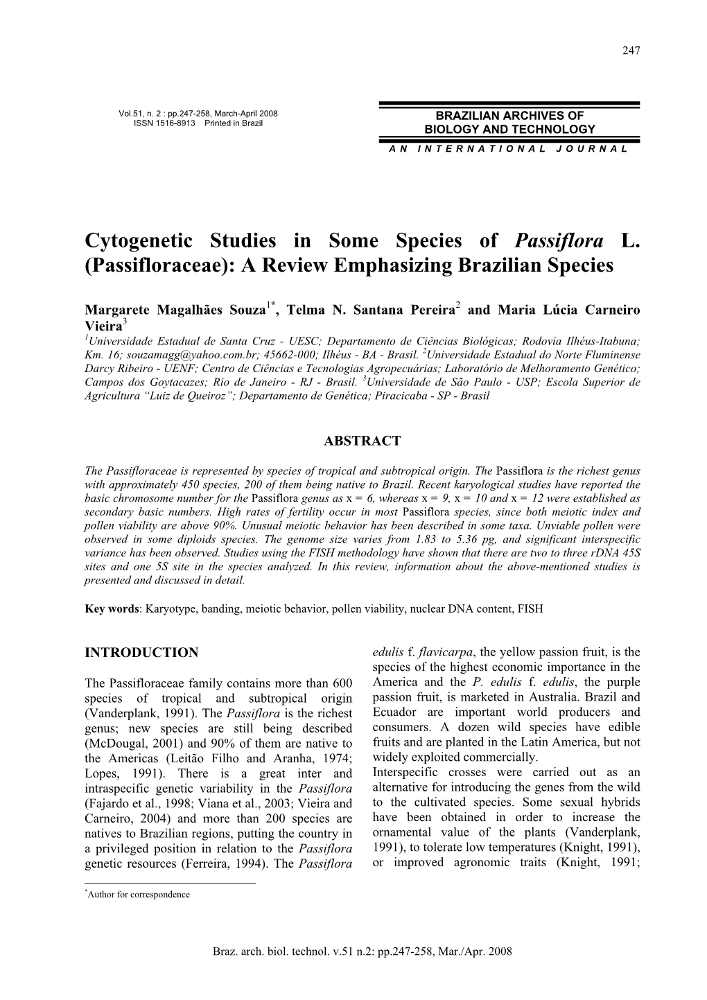 Cytogenetic Studies in Some Species of Passiflora L. (Passifloraceae): a Review Emphasizing Brazilian Species