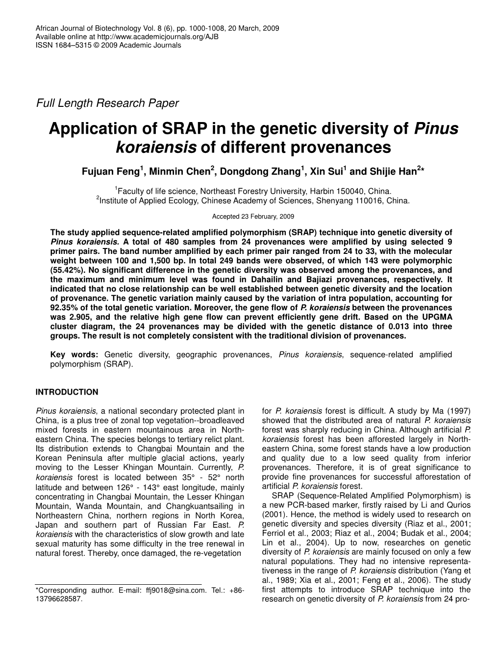 Application of SRAP in the Genetic Diversity of Pinus Koraiensis of Different Provenances