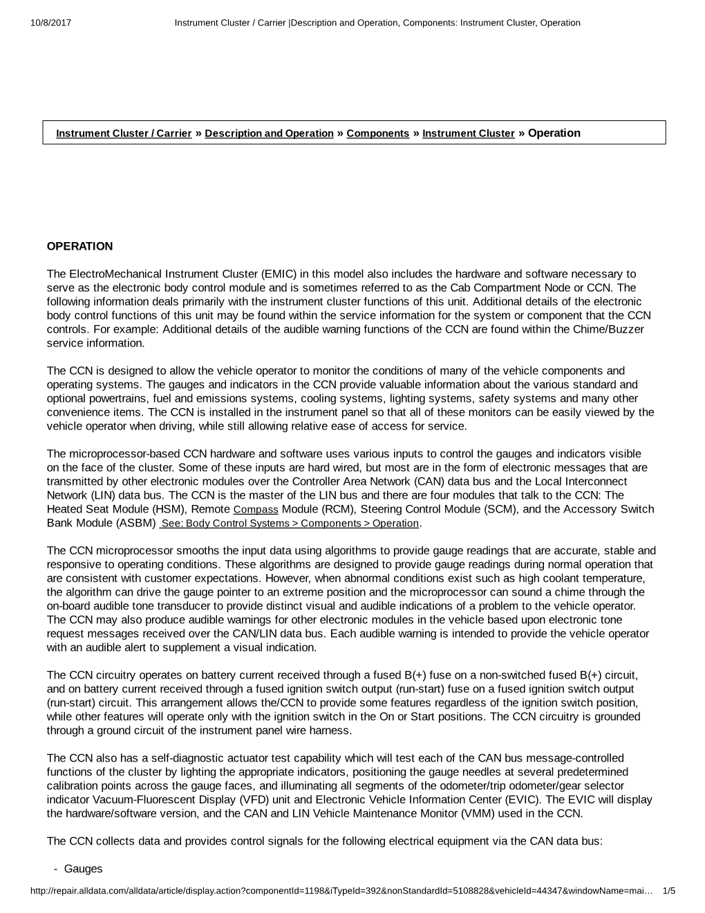 OPERATION the Electromechanical Instrument Cluster (EMIC)