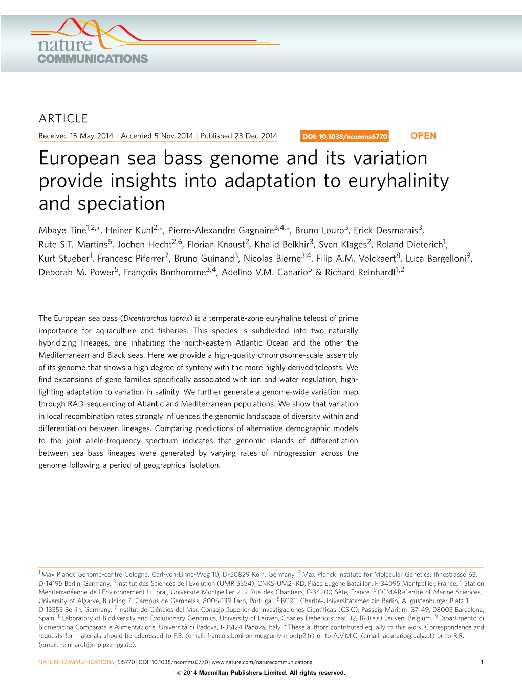 European Sea Bass Genome and Its Variation Provide Insights Into Adaptation to Euryhalinity and Speciation