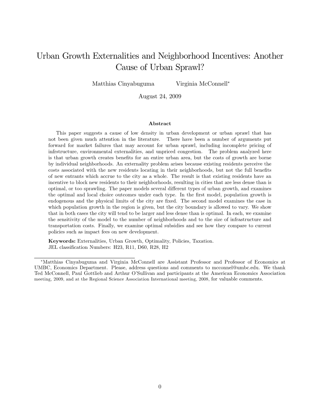 Urban Growth Externalities and Neighborhood Incentives: Another Cause of Urban Sprawl?
