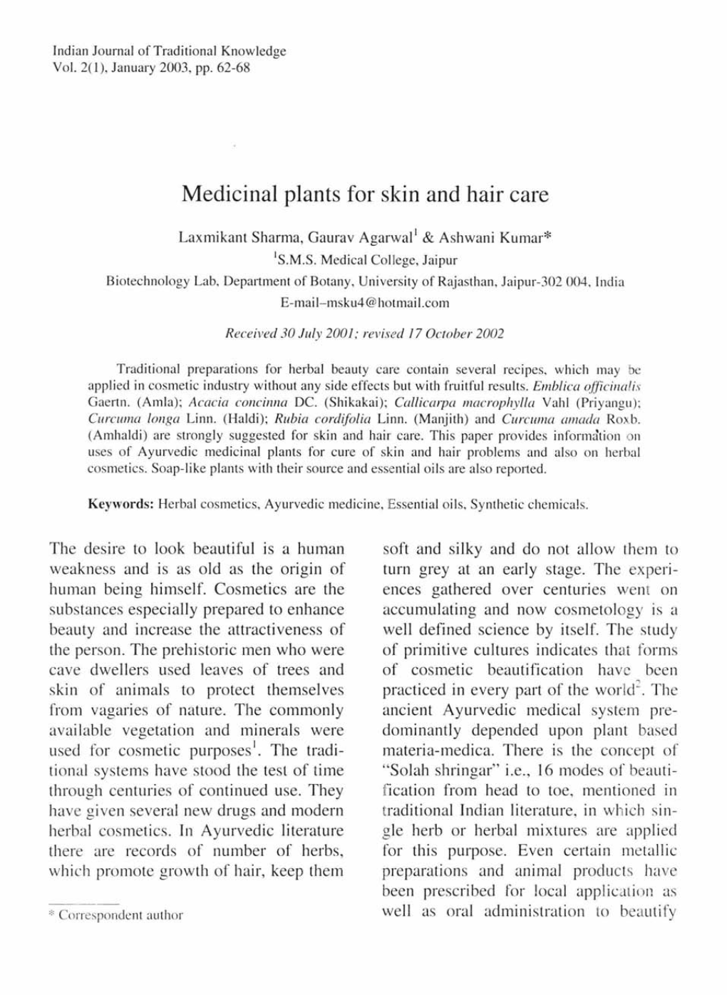 Medicinal Plants for Skin and Hair Care