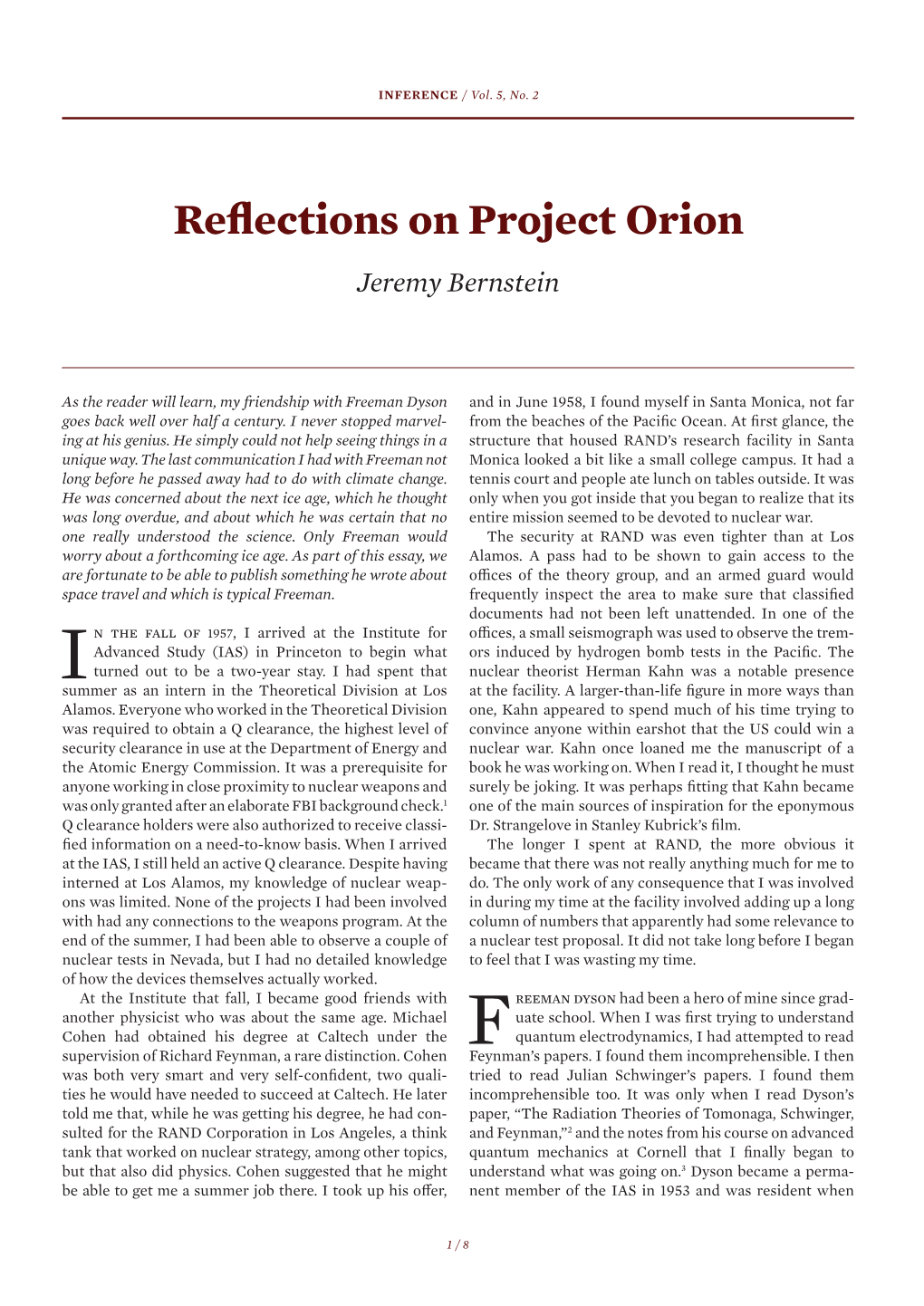 Reflections on Project Orion Jeremy Bernstein