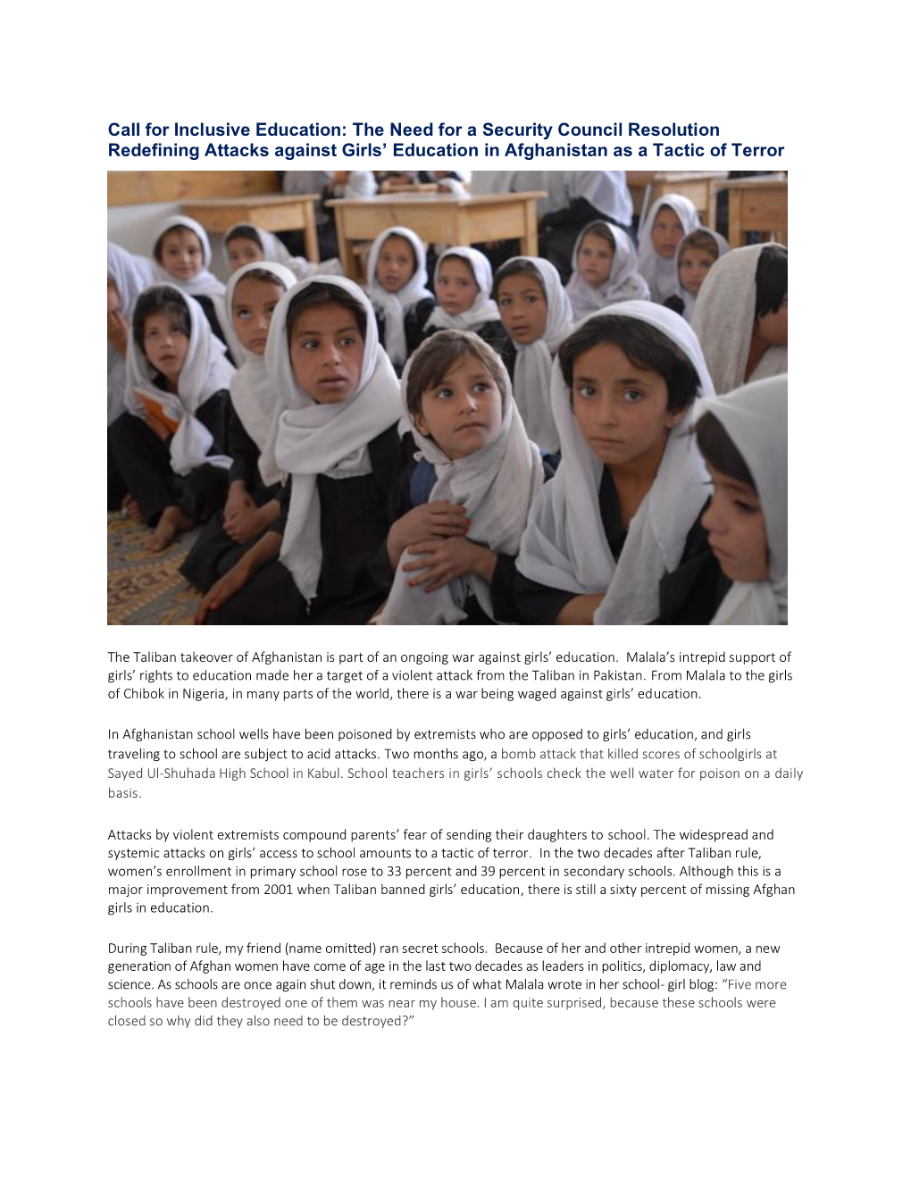 Call for Inclusive Education: the Need for a Security Council Resolution Redefining Attacks Against Girls’ Education in Afghanistan As a Tactic of Terror