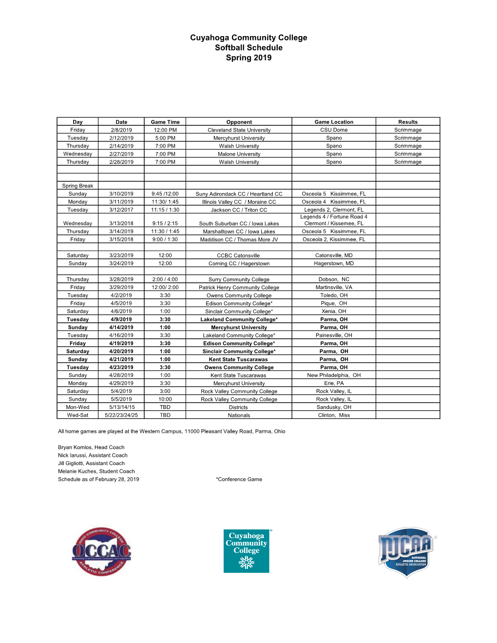 Cuyahoga Community College Softball Schedule Spring 2019