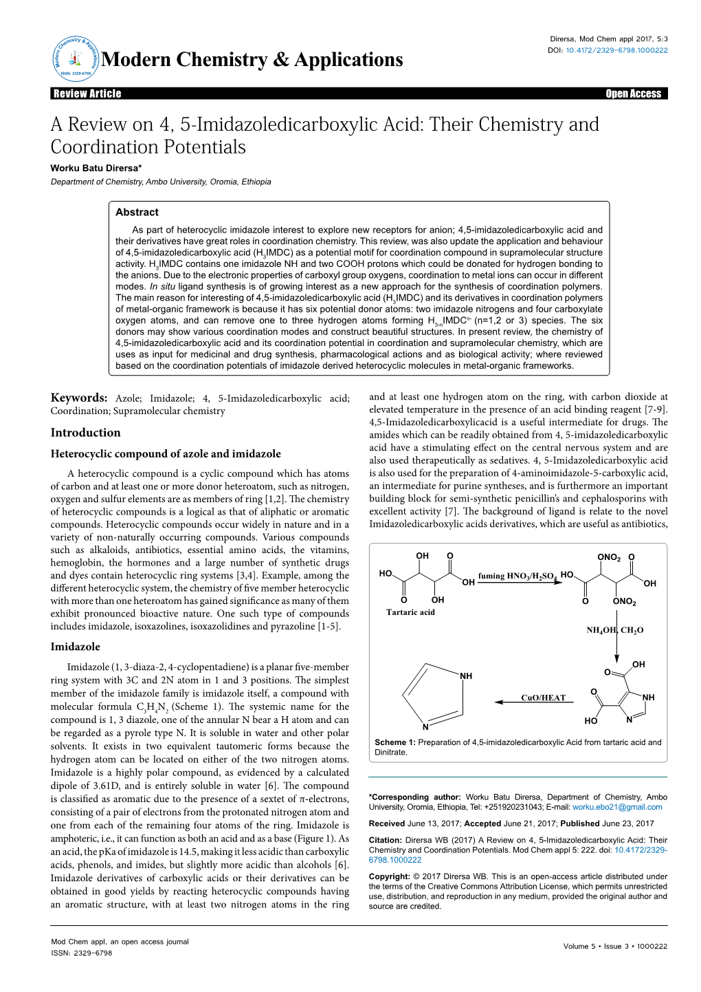 A Review on 4, 5-Imidazoledicarboxylic Acid: Their Chemistry and Coordination Potentials