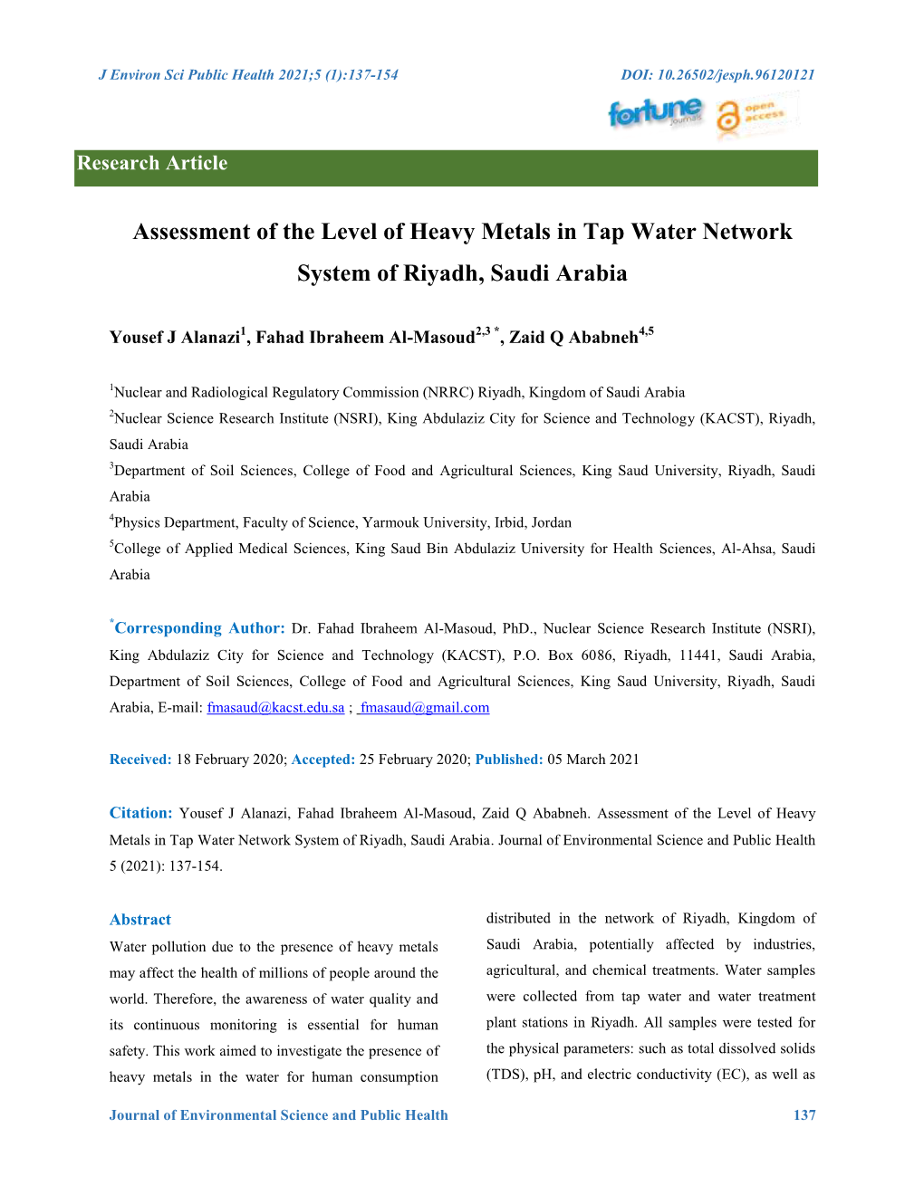 Assessment of the Level of Heavy Metals in Tap Water Network System of Riyadh, Saudi Arabia