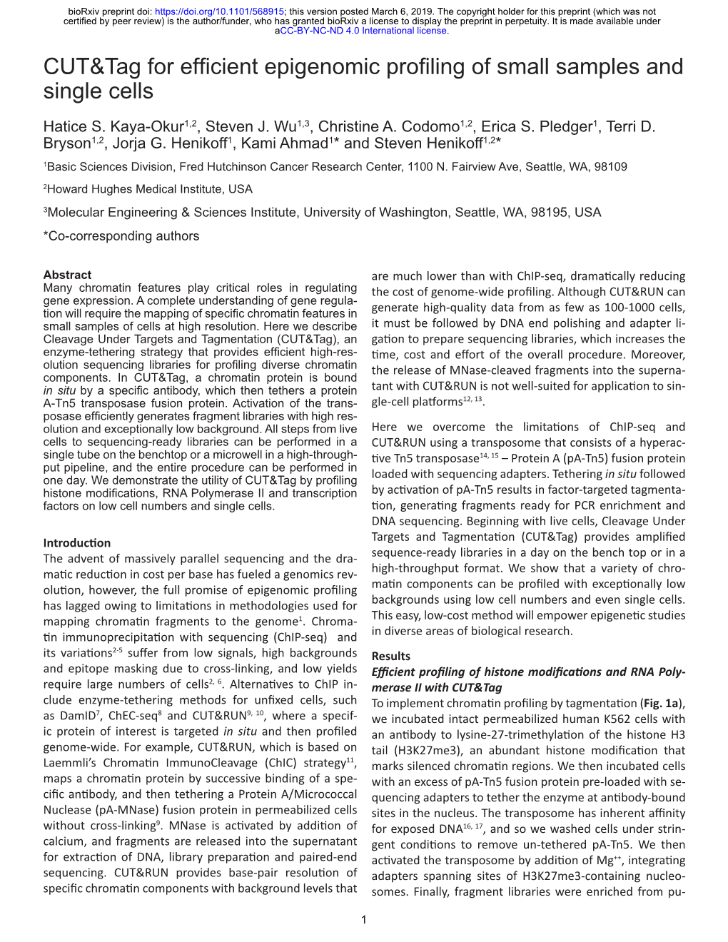 CUT&Tag for Efficient Epigenomic Profiling of Small Samples