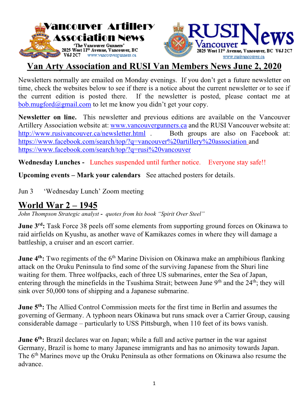 Van Arty Association and RUSI Van Members News June 2, 2020