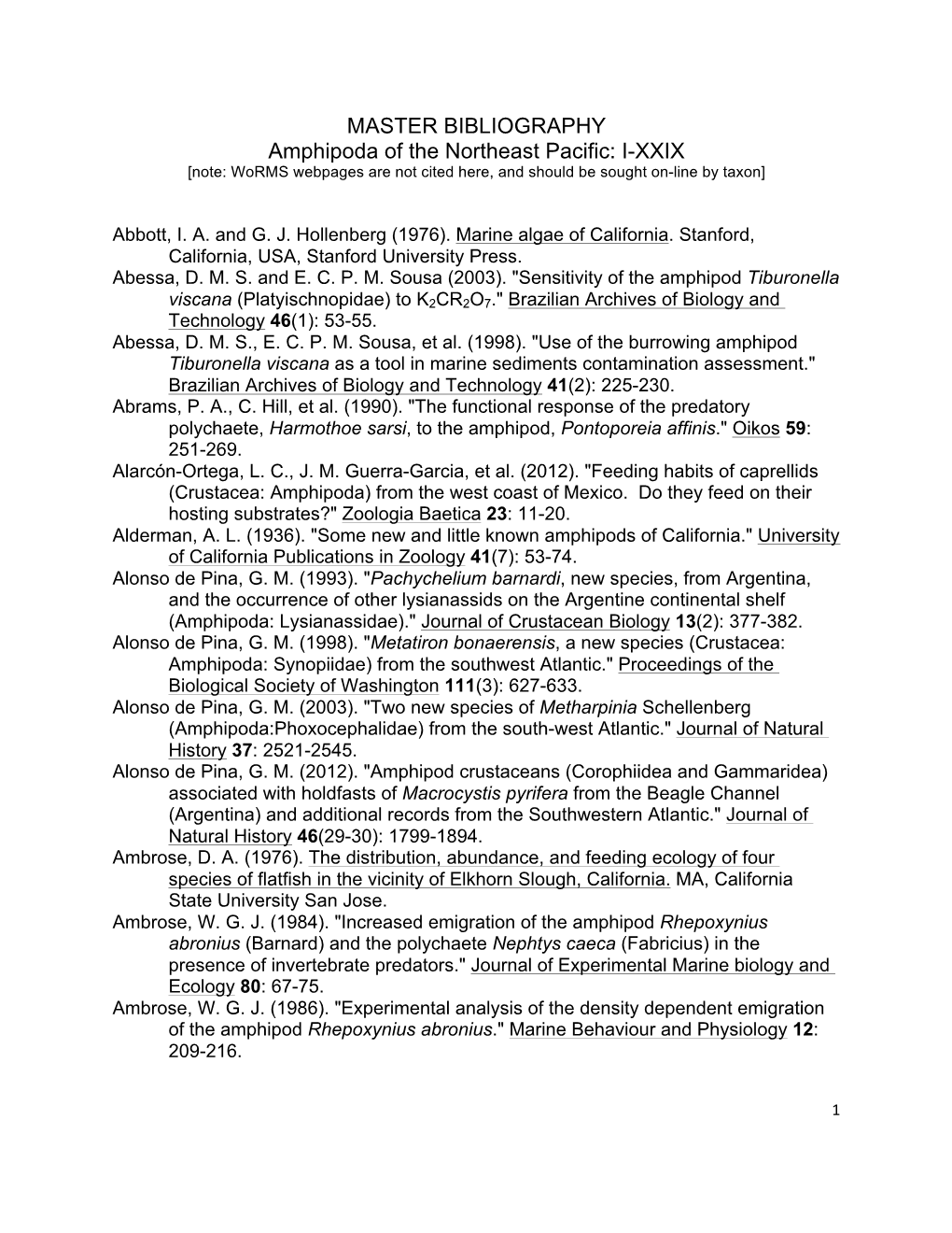 MASTER BIBLIOGRAPHY Amphipoda of the Northeast Pacific: I-XXIX [Note: Worms Webpages Are Not Cited Here, and Should Be Sought On-Line by Taxon]