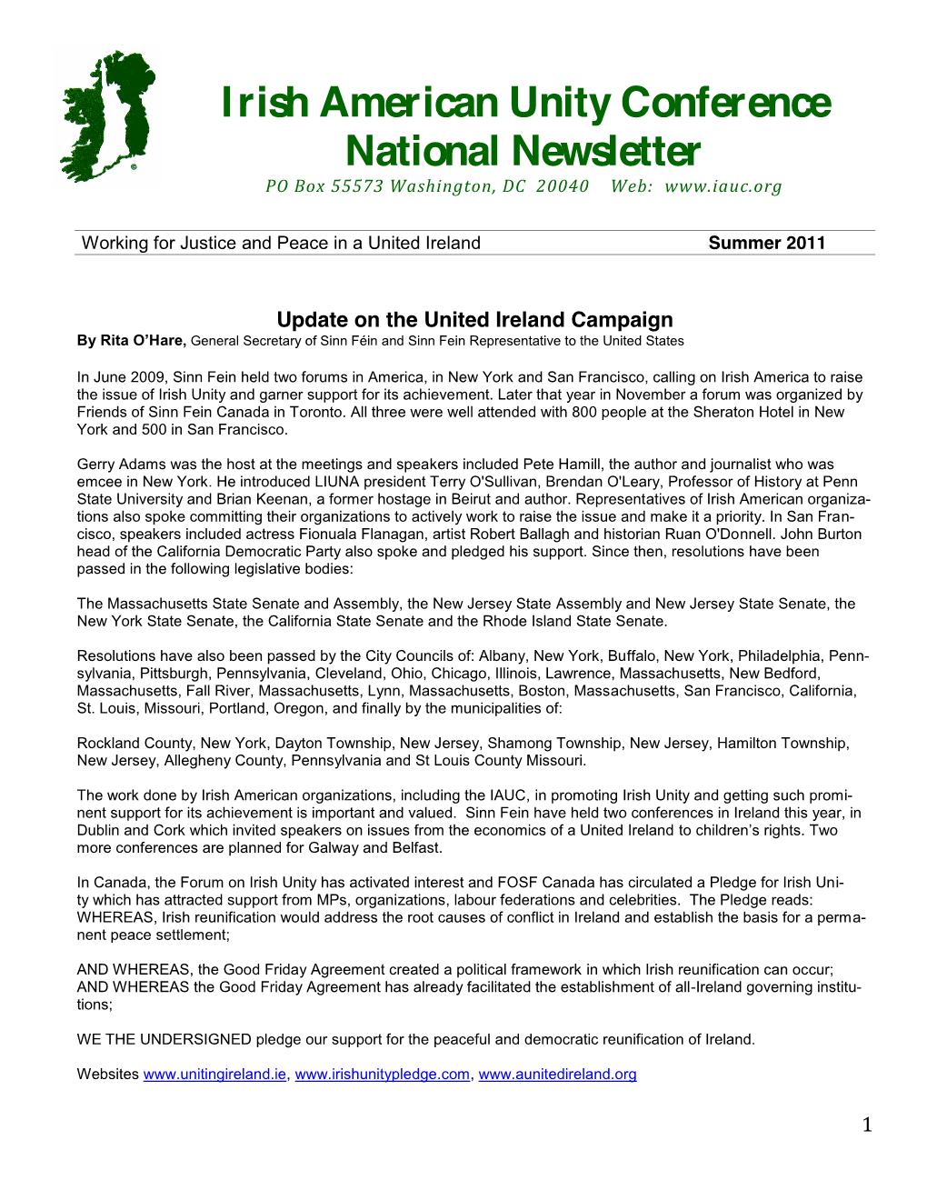 I Rish American Unity Conference National Newsletter