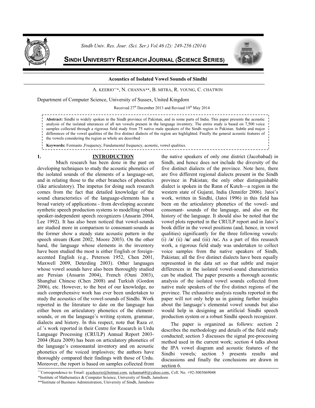 Acoustics of Isolated Vowel Sounds of Sindhi