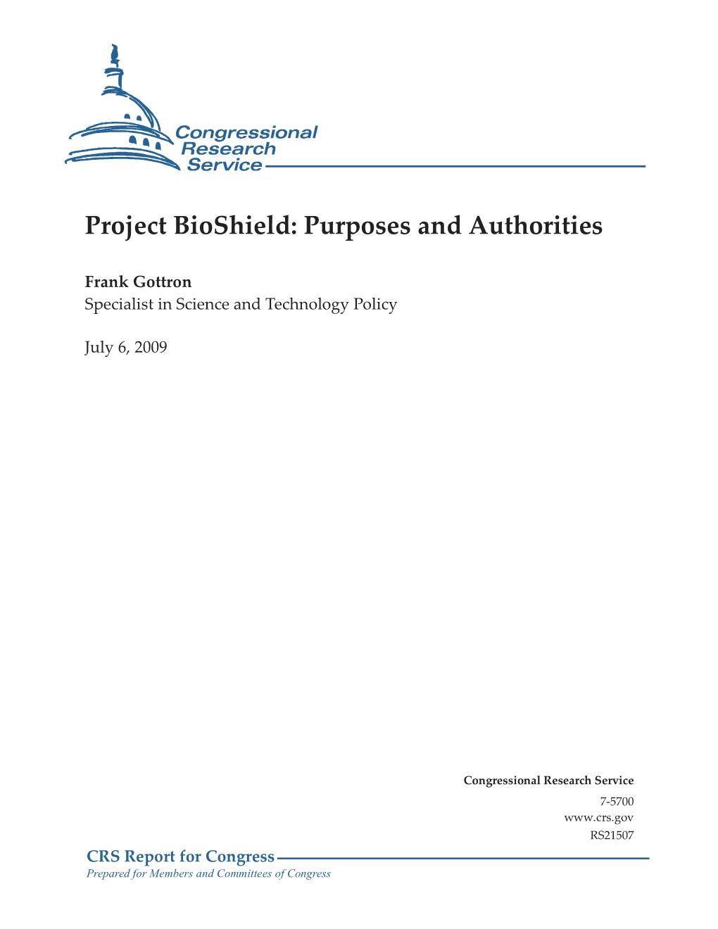 Project Bioshield: Purposes and Authorities