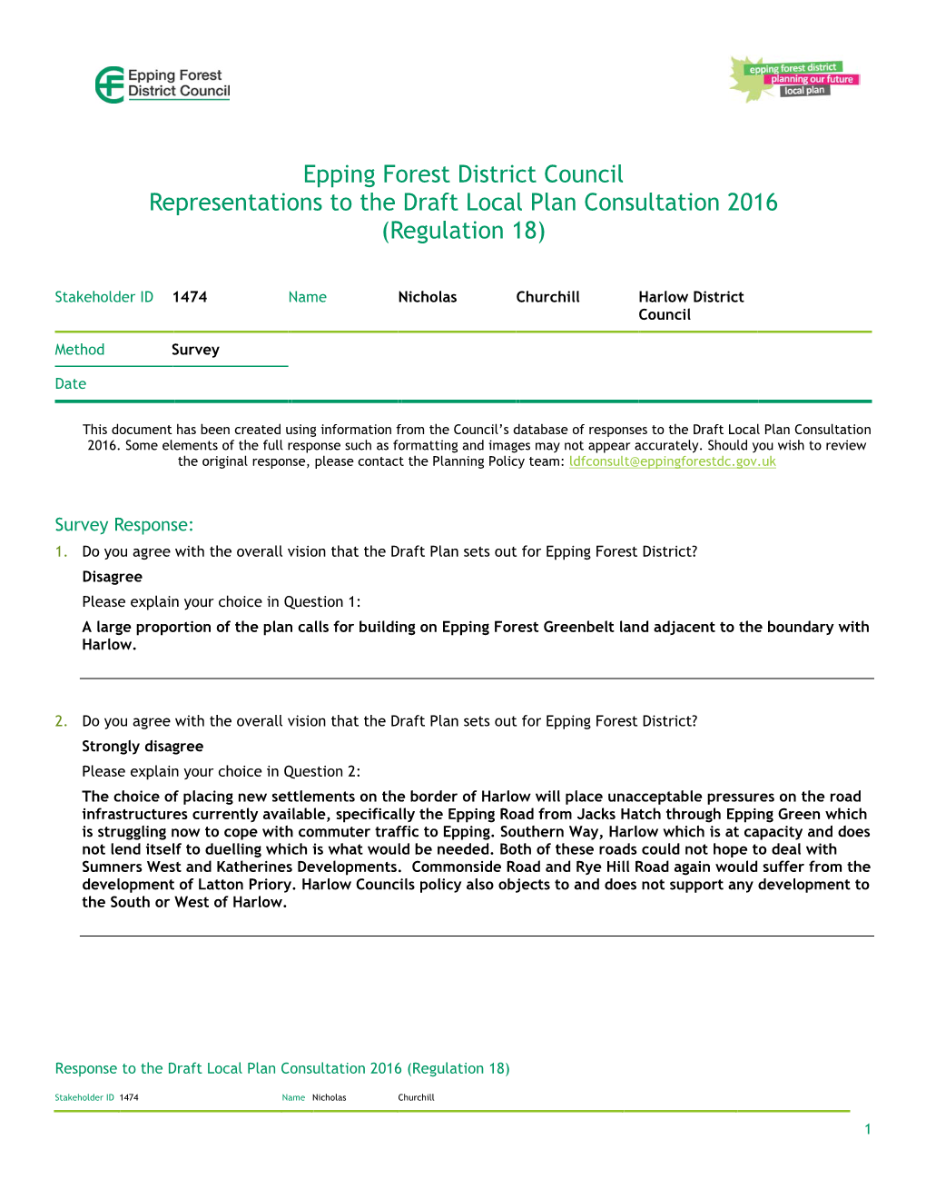 Epping Forest District Council Representations to the Draft Local Plan Consultation 2016 (Regulation 18)