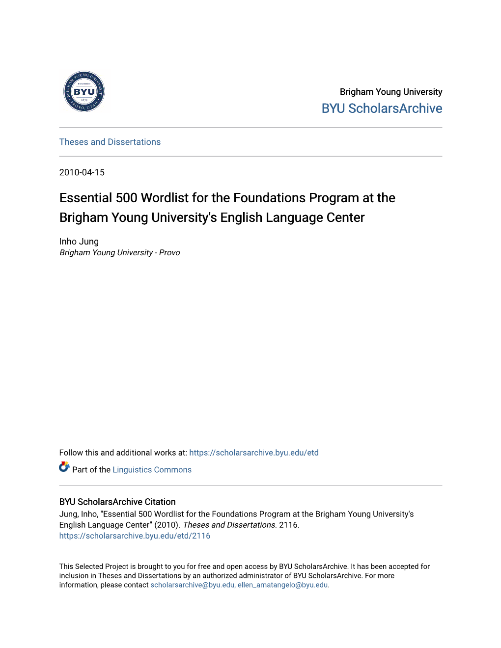 Essential 500 Wordlist for the Foundations Program at the Brigham Young University's English Language Center