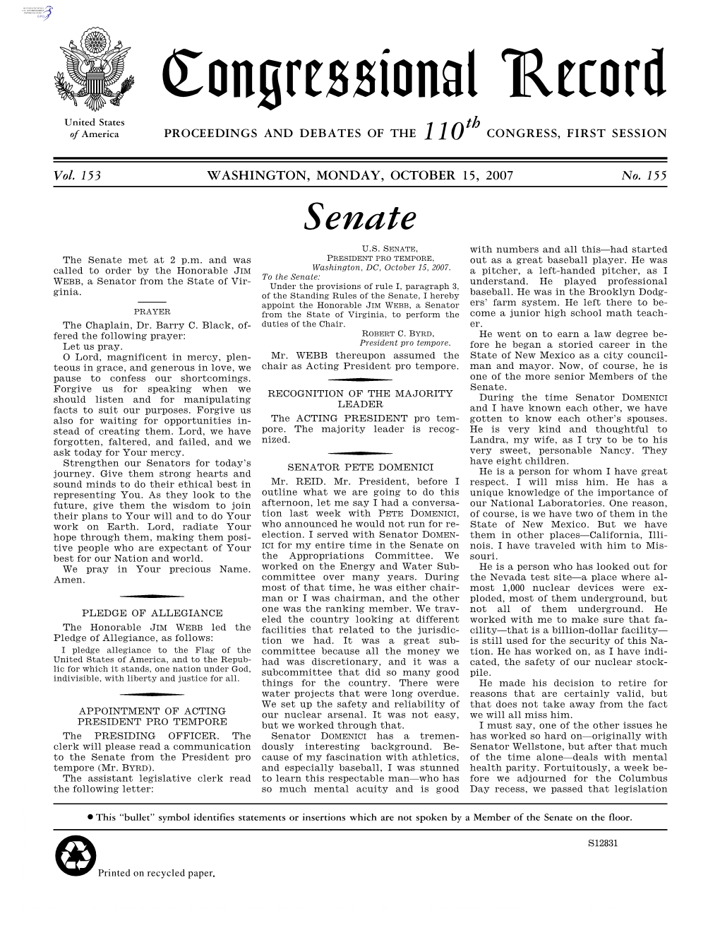 Congressional Record United States Th of America PROCEEDINGS and DEBATES of the 110 CONGRESS, FIRST SESSION