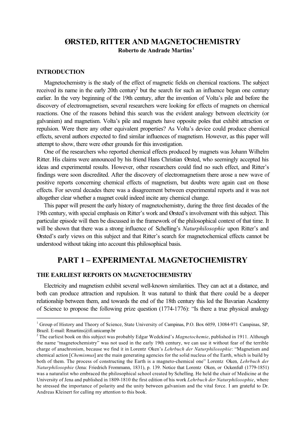 Ørsted, Ritter and Magnetochemistry Part 1