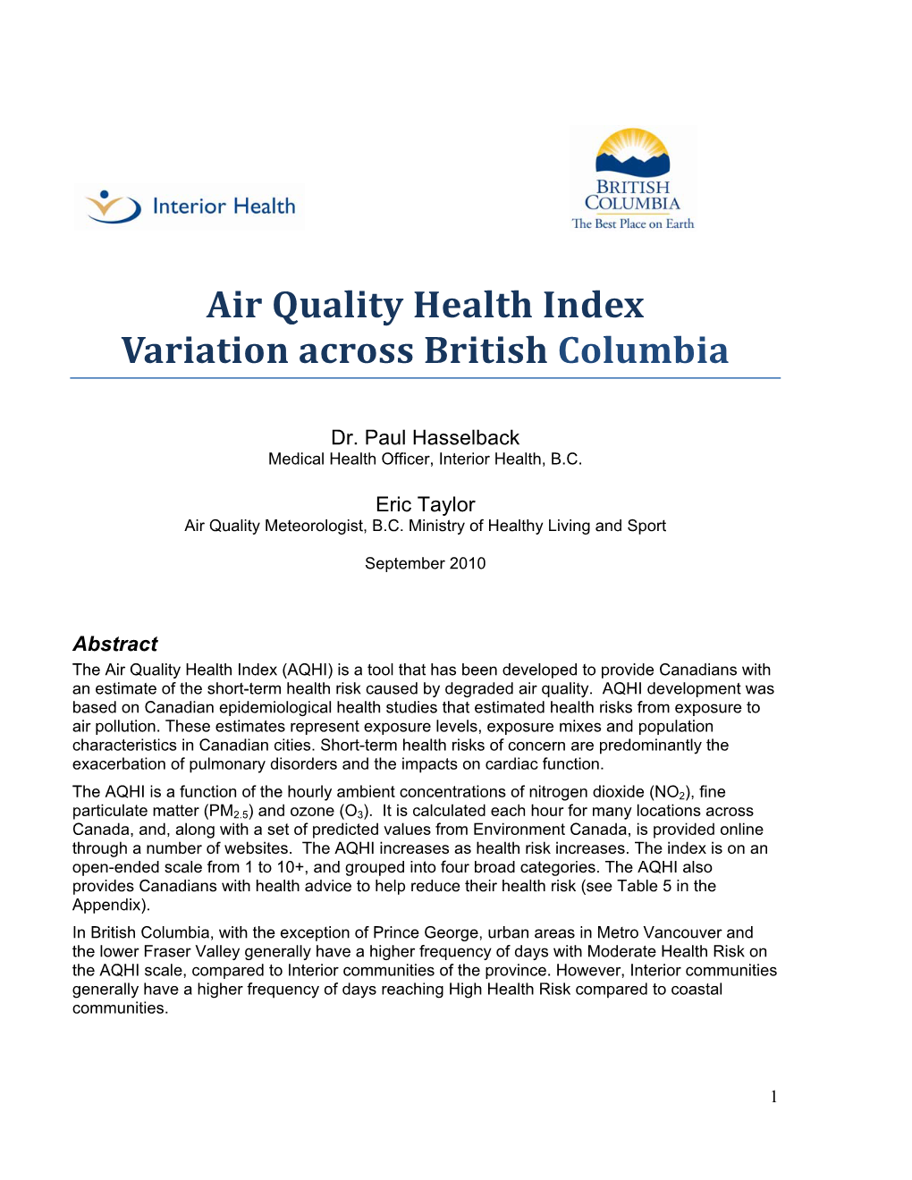 Air Quality Health Index Variation Across British Columbia (PDF