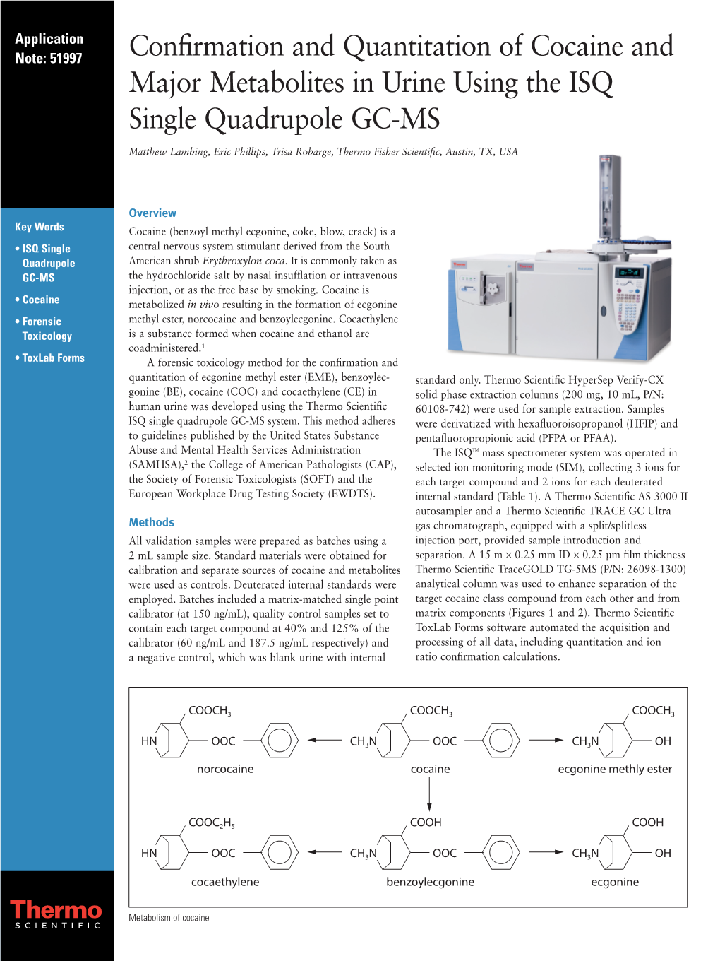 Confirmation and Quantitation of Cocaine and Major Metabolites in Urine Using the ISQ Single Quadrupole GC-MS